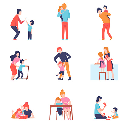 Parents Having Good Time with Kids Set, Mother and Father Teaching and Playing with Sons and Daughters Vector Illustration