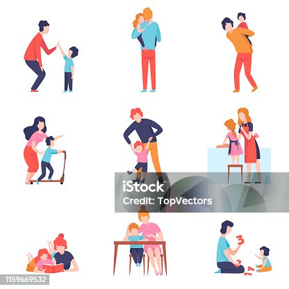 istock Parents Having Good Time with Kids Set, Mother and Father Teaching and Playing with Sons and Daughters Vector Illustration 1159669532