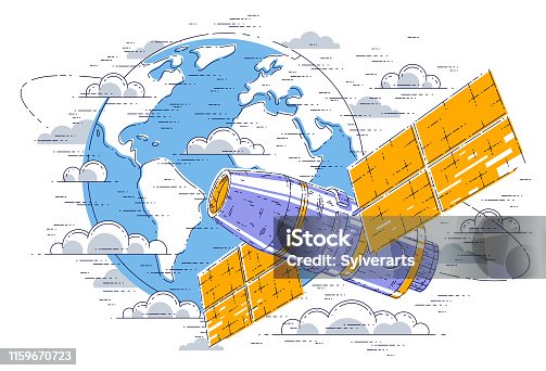 istock Space station flying orbital spaceflight around earth, spacecraft spaceship iss with solar panels, artificial satellite. Thin line 3d vector illustration. 1159670723