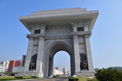 Pyongyang, North Korea - May 1, 2019: Arch of Triumph. A monument built in Pyongyang in honor of the Korean resistance of 1925-1945 against the Japanese occupiers. North Korea (DPRK)