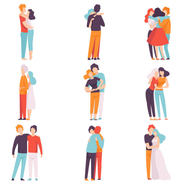 Happy Male and Female Embracing Each Other Set, People Celebrating Event, Couples in Love, Best Friends Vector Illustration Happy Male and Female Embracing Each Other Set, People Celebrating Event, Couples in Love, Best Friends Vector Illustration on White Background. embracing illustrations stock illustrations