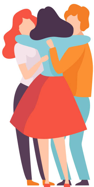 ilustrações, clipart, desenhos animados e ícones de grupo de macho novo feliz e fêmea que abraçam-se, povos que comemoram o evento, melhores amigos, ilustração do vetor do conceito da amizade - hug