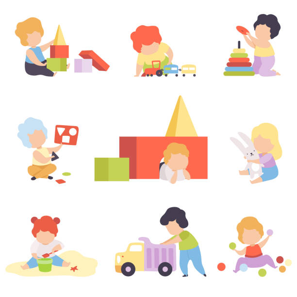 süße kleine kinder spielen mit spielzeug set, kleinkind jungen und mädchen spielen mit pyramide, blöcke, auto, sortierer, kugeln vektor illustration - toddler stock-grafiken, -clipart, -cartoons und -symbole