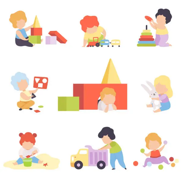 Vector illustration of Cute Little Kids Playing with Toys Set, Toddler Boys and Girls Playing with Pyramid, Blocks, Car, Sorter, Balls Vector Illustration
