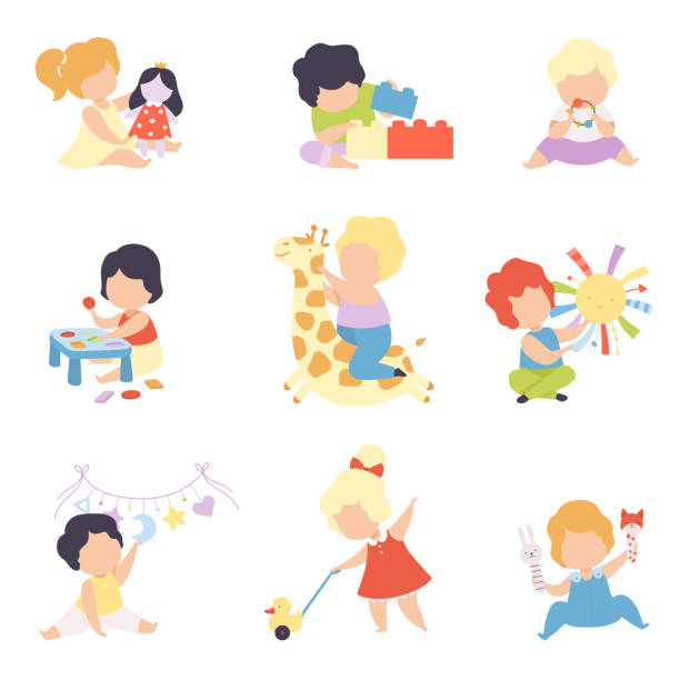 Cute Little Kids Playing with Toys Set, Toddler Boys and Girls Playing with Doll, Blocks, Stuffed Toys, Sorter, Rattle Vector Illustration Cute Little Kids Playing with Toys Set, Toddler Boys and Girls Playing with Doll, Blocks, Stuffed Toys, Sorter, Rattle Vector Illustration on White Background. baby play stock illustrations