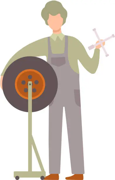 Vector illustration of Professional Repairman with Tire, Auto Mechanic Character Working In Car Repair Service Vector Illustration