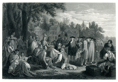 Steel engraving The Treaty of Penn with the Indians
William Penn entering into peace treaty in 1683 with Tamanend, a chief of the Lenape ( Delaware Indians ) Turtle Clan, under the shade of an elm tree near the village of Shackamaxon ( now Kensington ) in Pennsylvania.
Graveur : J.C. Armytage - J. Trumbull
Original edition from my own archives
Source : 