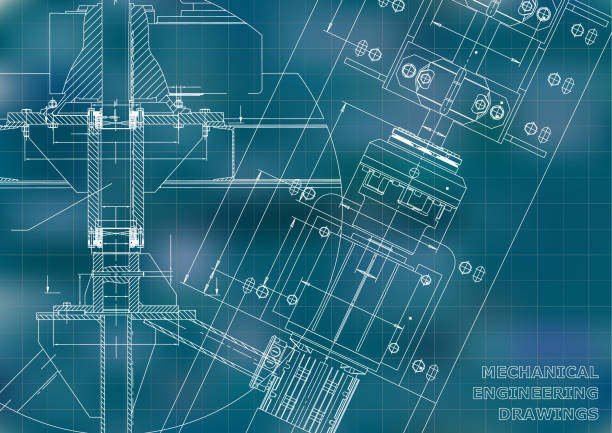 Engineering illustrations. Blueprints. Mechanical drawing Mechanical engineering drawings. Technical Design. Blueprints. Blue background. Grid engineer designs stock illustrations