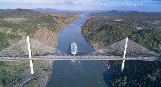One of the current bridges that pass over the Panama Canal, is located on the side of the Pacific Ocean