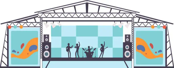 Vector illustration of Open Air Festival, Music Band Performing on Stage, Outdoor Summer Concert Vector Illustration