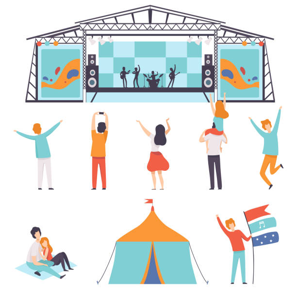 Open Air Festival Set, Music Band Performing on Stage, People Dancing, Cheering, Partying in Camping Park Vector Illustration Open Air Festival Set, Music Band Performing on Stage, People Dancing, Cheering, Partying in Camping Park Vector Illustration on White Background. concert illustrations stock illustrations