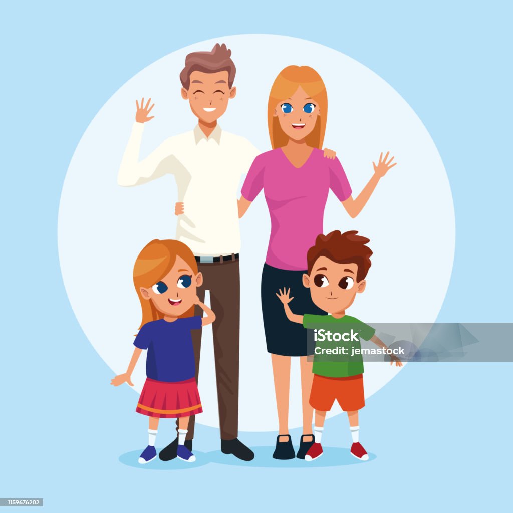 Ilustración de Padres De Familia Y Niños Animados y más Vectores Libres de Derechos de Adulto Adulto, Azul, Conceptos - iStock
