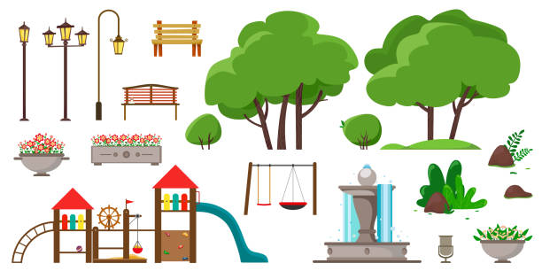 Set for a park or playground from different elements of trees, benches, street lamps, bushes, children's horizontal bars, a flowerpot, dumpster, fountain, stones. Set for a park or playground from different elements of trees, benches, street lamps, bushes, children's horizontal bars, a flowerpot, dumpster, fountain, stones. Vector science and technology park stock illustrations