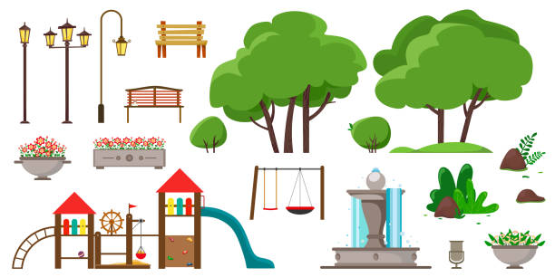 Set for a park or playground from different elements of trees, benches, street lamps, bushes, children's horizontal bars, a flowerpot, dumpster, fountain, stones. Set for a park or playground from different elements of trees, benches, street lamps, bushes, children's horizontal bars, a flowerpot, dumpster, fountain, stones. Vector fountain stock illustrations