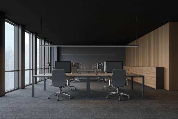 istock Gray and wooden office interior 1159678631