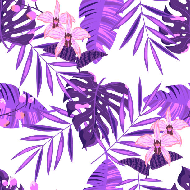 ilustraciones, imágenes clip art, dibujos animados e iconos de stock de patrón sin costuras con hojas tropicales y flores de orquídeas - hawaiian orchid
