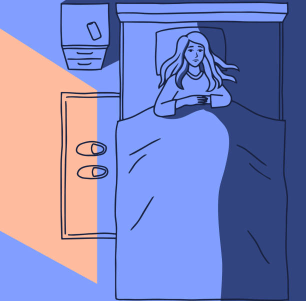 Sleepless girl suffers from insomnia. Woman in bed with open eyes in darkness night room. Cartoon style vector illustration Sleepless girl suffers from insomnia. Woman in bed with open eyes in darkness night room. Cartoon style vector illustration. insomnia illustrations stock illustrations