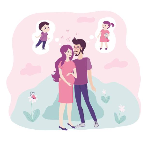 Loving young couple with pregnant woman cradling her baby bump in her hands embracing as they each dream of their desired child Loving young couple with pregnant woman cradling her baby bump in her hands embracing as they each dream of their desired child - she wants a boy, he wants a girl, in tones of pink and blue couple hope sky blue stock illustrations