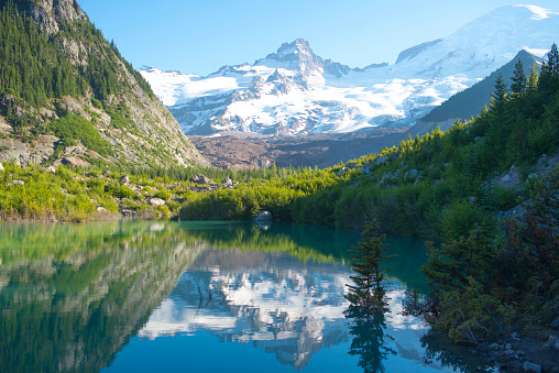 A shot of a small pond with Mount Rainier in the background.