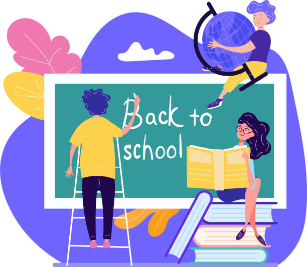 ilustrações, clipart, desenhos animados e ícones de de volta ao conceito da escola com os três estudantes novos que escrevem o texto - regresso às aulas