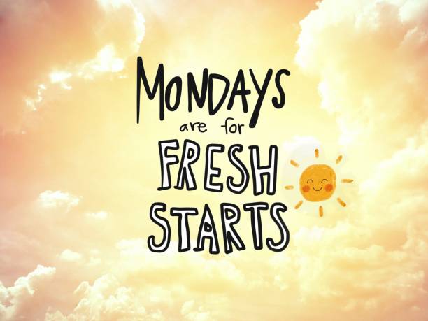 Mondays are for fresh starts word lettering and sun smile on golden sky background Mondays are for fresh starts word lettering and sun smile on golden sky background monday stock pictures, royalty-free photos & images