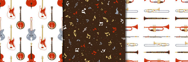 Strumming and brass instruments and notes seamless pattern Strumming and brass instruments and notes seamless pattern. Electric guitar, banjo, flute, trumpet texture. Modern, classical, jazz music equipment. Music festival, live performance, rock concert guitar designs stock illustrations