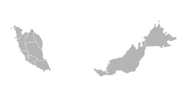 ilustrações, clipart, desenhos animados e ícones de vector a ilustração isolada do mapa administrativo simplificado de malaysia. beiras das províncias (regiões). silhuetas cinzentas. esboço branco - sarawak state