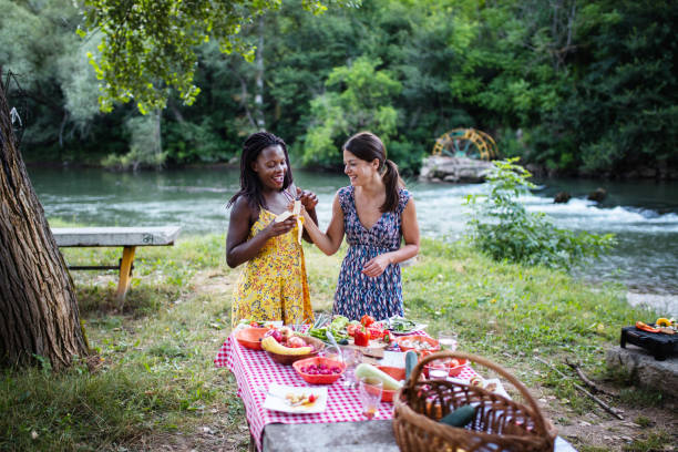 mangiare vegano sano in natura - picnic family barbecue social gathering foto e immagini stock