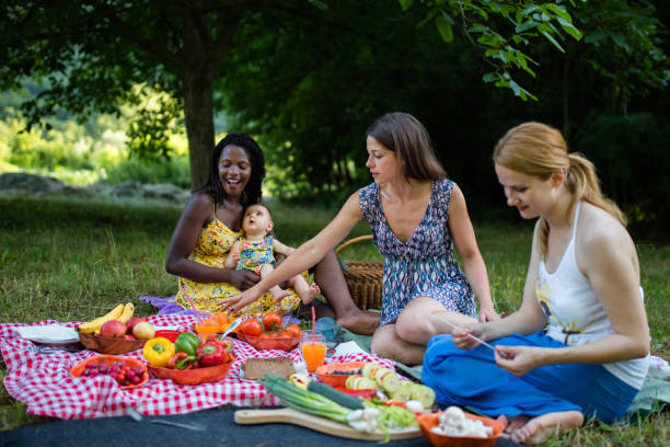 mangiare vegano sano in natura - picnic family barbecue social gathering foto e immagini stock