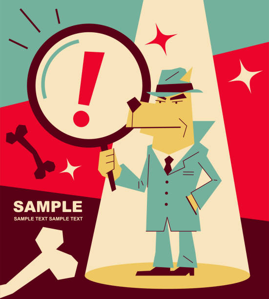 ilustraciones, imágenes clip art, dibujos animados e iconos de stock de detector de perros retro (inspector) sosteniendo una lupa - detective inspector forensic science searching