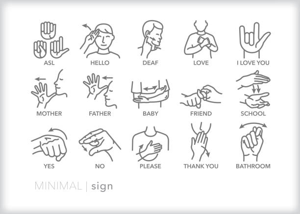 Sign language line icons for common words and phrases Set of 15 American sign language line icons of common words and phrases including yes, no, bathroom, mother, father, baby, friend, please, thank you, and I love you sign language class stock illustrations