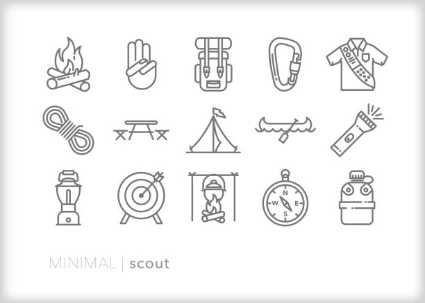 ilustrações de stock, clip art, desenhos animados e ícones de scout line icon set - camping campfire boy scout girl scout