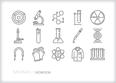 Set of 15 science line icons for education, teaching, experiments and lab including test tube, microscope, magnet, bunsen burner, molecule, atom, gloves, lab coat and beaker