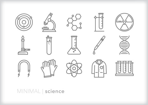 Science line icons Set of 15 science line icons for education, teaching, experiments and lab including test tube, microscope, magnet, bunsen burner, molecule, atom, gloves, lab coat and beaker education symbols stock illustrations
