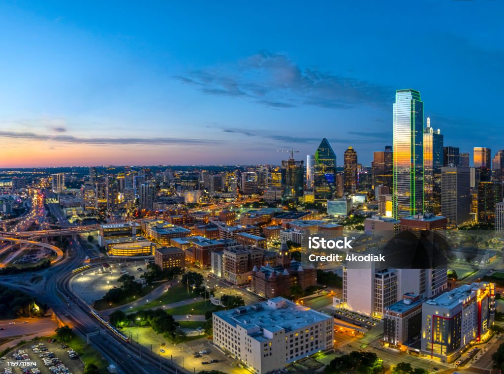 Dallas Texas evening skyline Dallas skyline in the evening hour Dallas - Texas Stock Photo