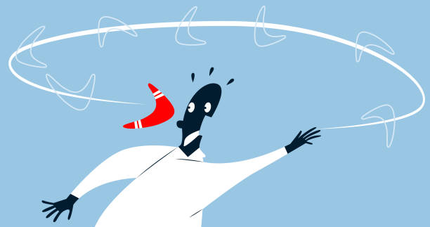 Boomerang effect A man looking at the boomerang coming is way. throwing boomerang stock illustrations