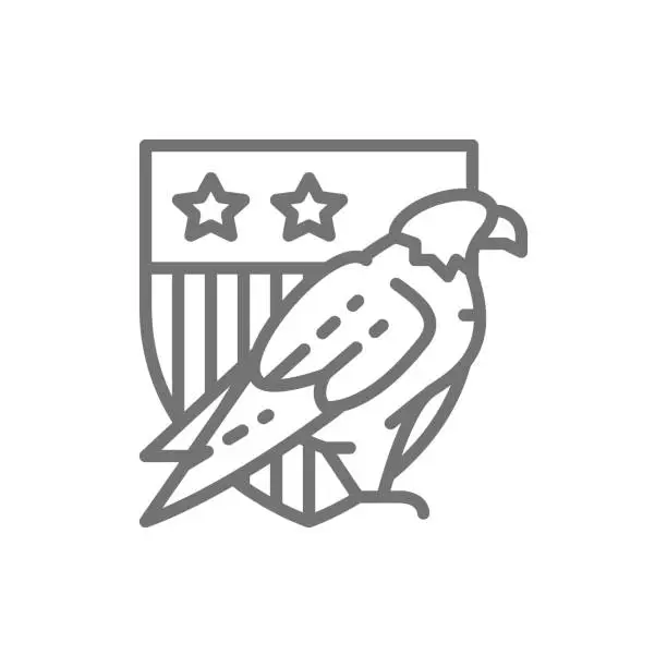 Vector illustration of Eagle with USA shield, coat of arms of America line icon.