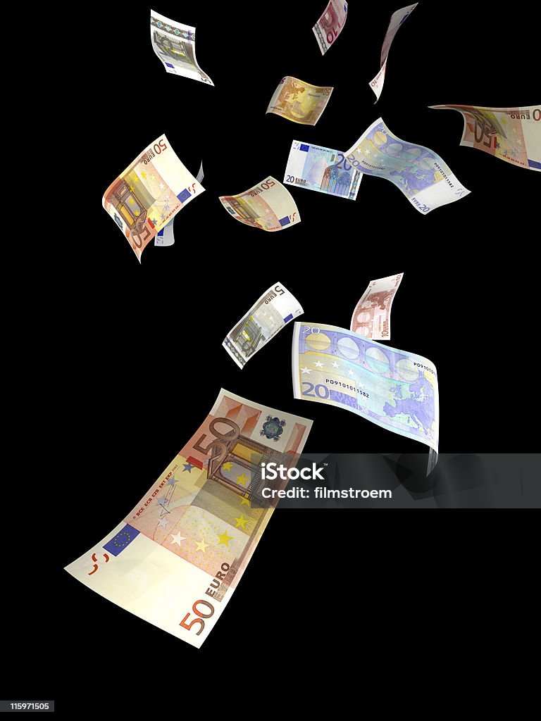 money rain black money raining from the sky. it's several euro bills isolated on black Euro Symbol Stock Photo