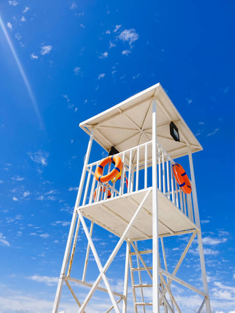 istock White rescue beach tower with circles against the blue sky. Turkey 1159716825