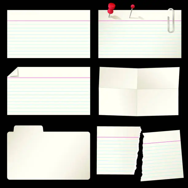 Vector illustration of Set of Lined, Torn, Folded, Distressed and Blank Index Cards