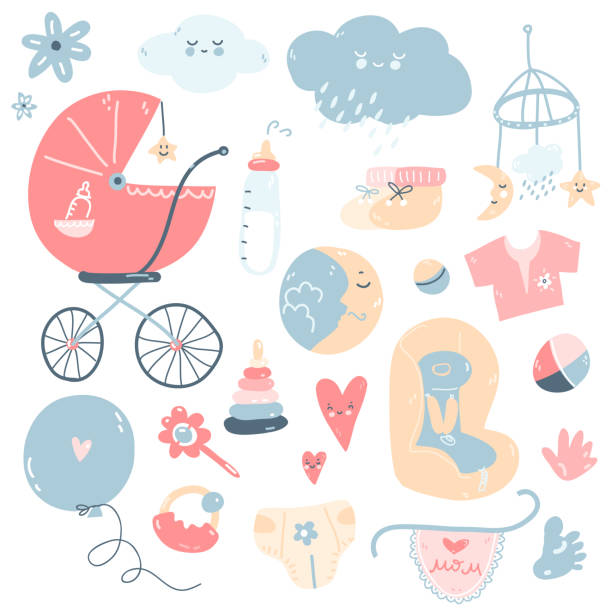 bayi yang baru lahir bertema doodle set lucu. perawatan bayi, makan, pakaian, mainan, barang-barang perawatan kesehatan, keamanan, aksesoris. - stroller car seat ilustrasi stok