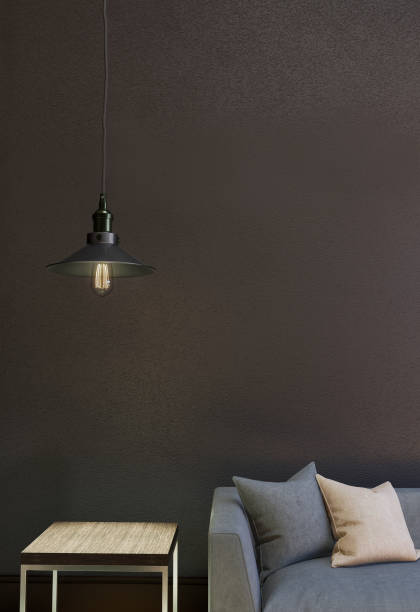 istock Sofa set and table and ceiling lamp with black wall background. 3D illustrator 1159720157