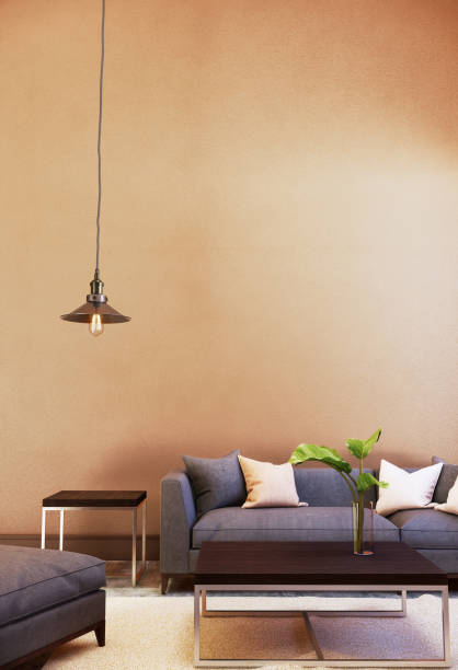 istock Sofa set and table and ceiling lamp with orange wall background. 3D illustrator 1159720160