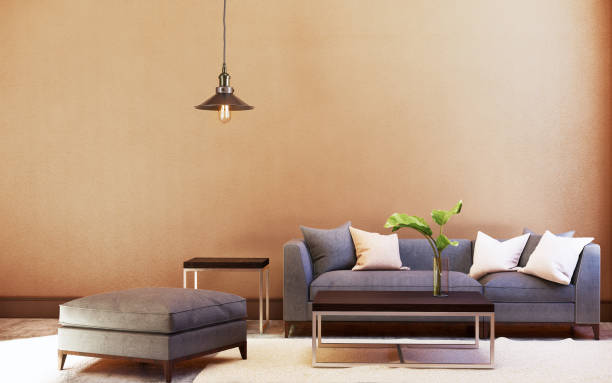 istock Sofa set and table and ceiling lamp with orange wall background. 3D illustrator 1159720161