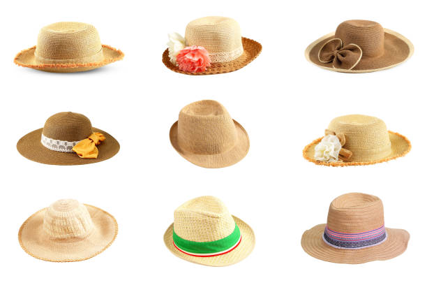 collection of pretty straw hat isolated on white background