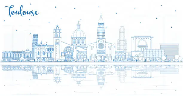 Vector illustration of Outline Toulouse France City Skyline with Blue Buildings and Reflections.