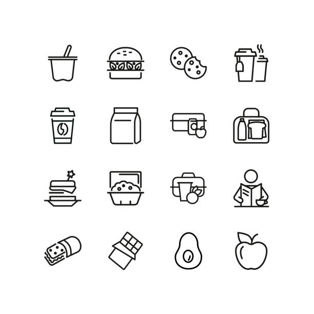 Lunch line icon set Lunch line icon set. Vegan burger, drink, fruit, bag, pack. Food concept. Can be used for topics like snack, lunch box, eating, school milk tea logo stock illustrations