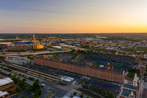 Baltimore, MD, USA - June 22, 2019: Sports stadiums Downtown Baltimore MD USA at dusk