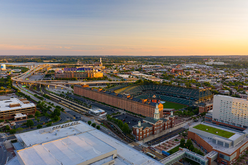 Baltimore, MD, USA - June 22, 2019: Aerial photo Oriole Park and MT Bank Stadium