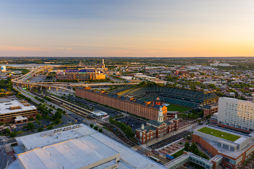 Houston, United States - April 13, 2023:  Aerial view of both the NRG Stadium, home to the NFL's Houston Texans, and the historic Astrodome, the first indoor sports arena, now listed as a historic site shot from an altitude of about 600 feet overhead during a helicopter photo flight.